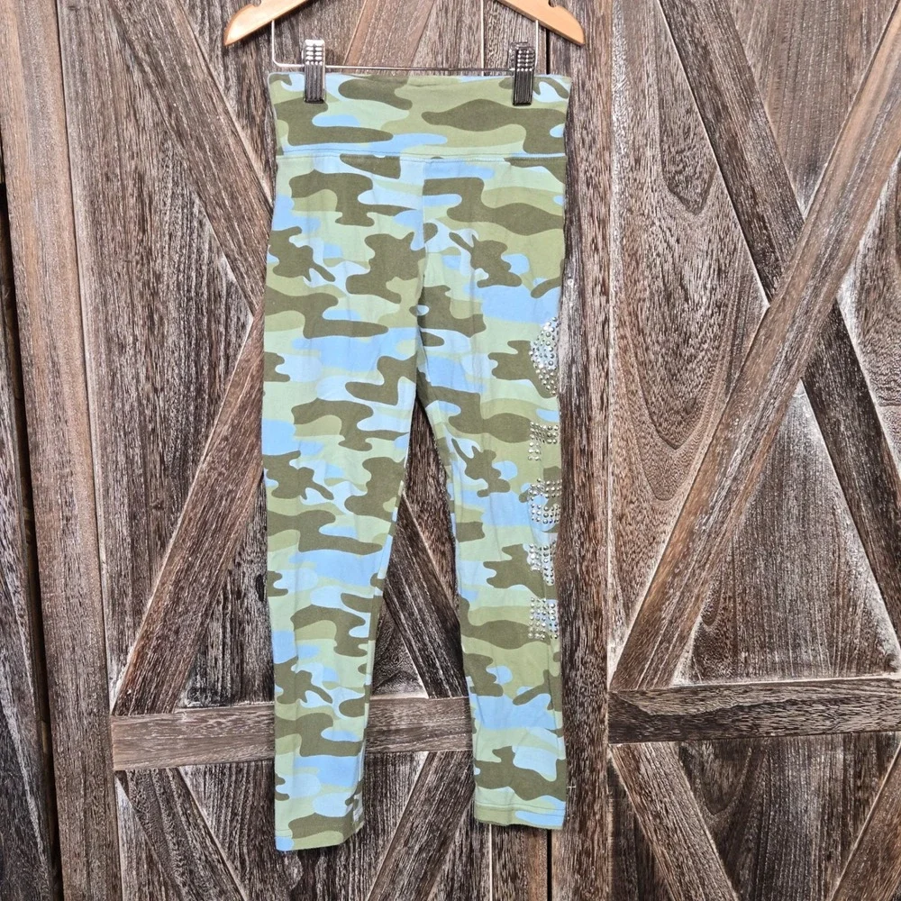 Justice Girls Camouflage Leggings‎ Size 8 Rhinestone LOVE Detail Green Blue